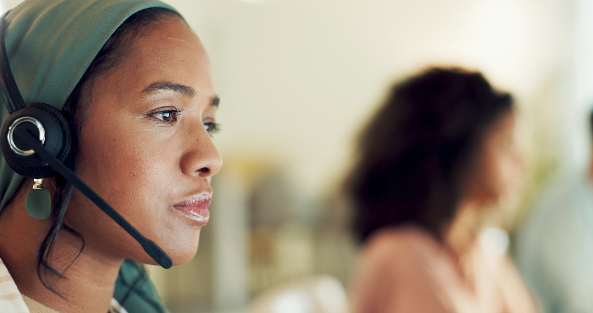 Telemarketing, black woman and contact us worker on a consultation at call center working. Consulta